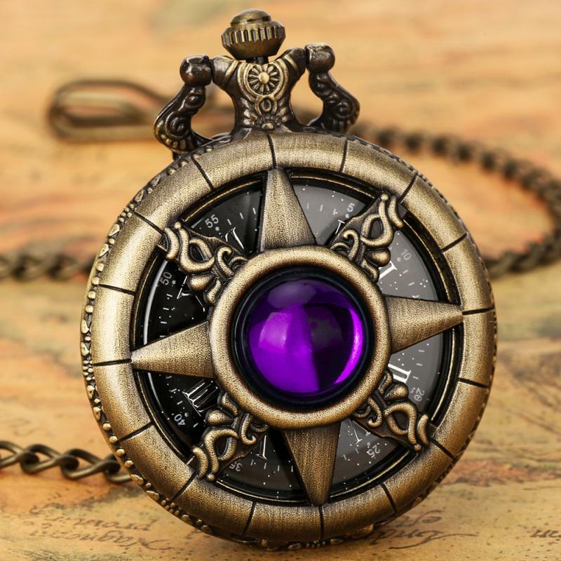 Reloj colgante de relojes de cadena de bolsillo para hombre y mujer, colgante de Jade, piedra Esmeralda, púrpura, bronce, números romanos, exhibición, regalo antiguo