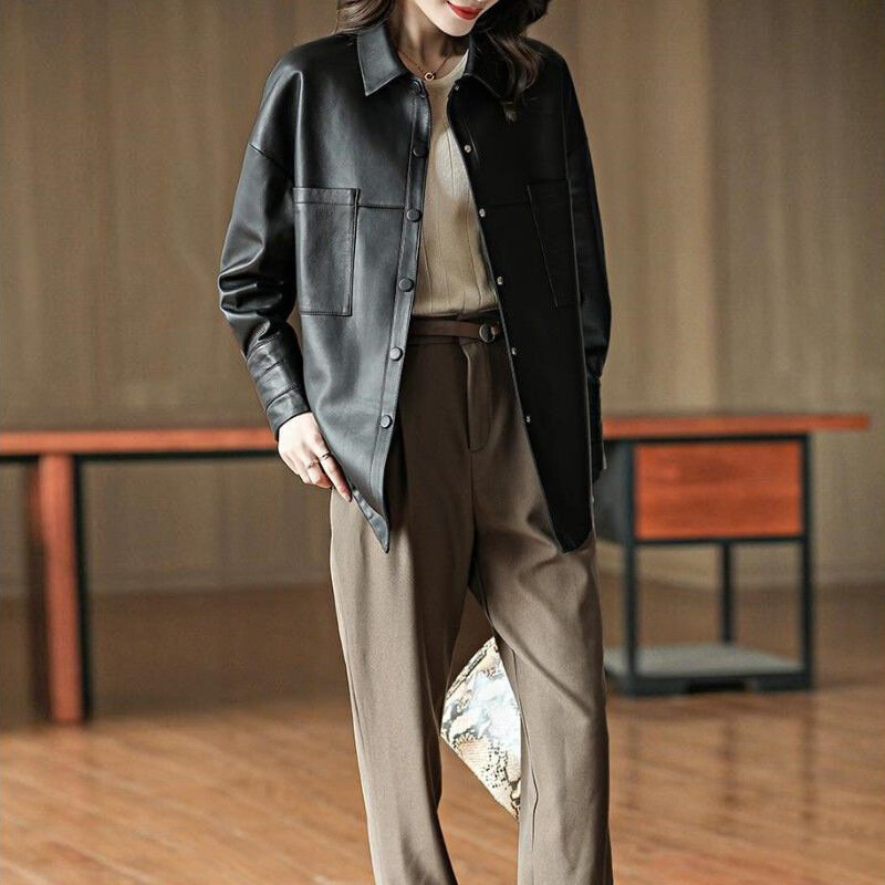 AYUNSUE-정품 가죽 자켓 여성용, 느슨한 가죽 자켓, 2023 진짜 양피 코트, 한국 패션