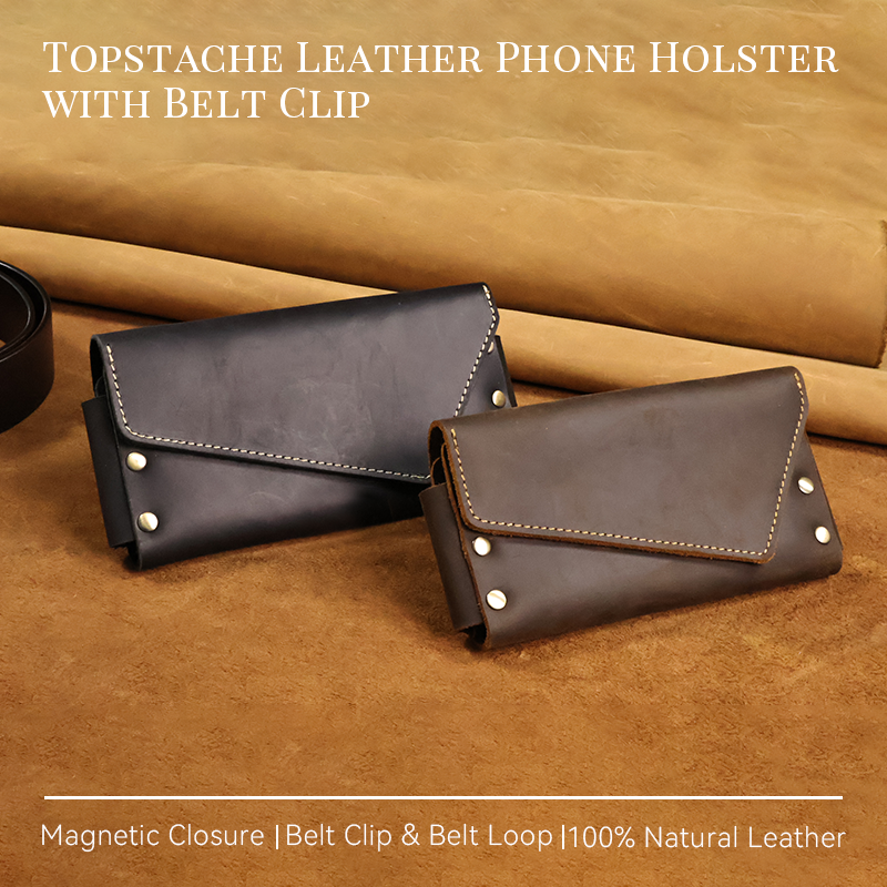RIYAO Genuine Leather Vintage Dual Layer Flip Phone Holster Wallet Case Belt Clip Waist Bag Outdoor Travel Phone Bag Purse Men