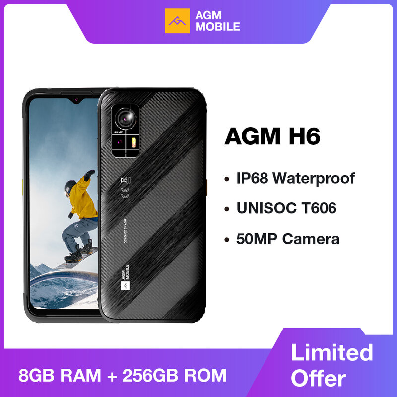 AGM H6 Smartphone Rústico y Impermeable - Brillante pantalla 6,56" HD+ 90Hz, 8GB/256GB, Cámara 50MP, Procesador T606, 2 ranuras SIM/microSD, NFC, Diseño delgado de 10,75mm, Batería 4900mAh, Resistente a caídas