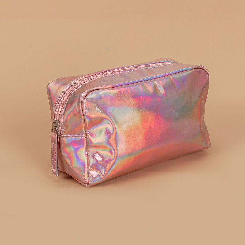 Bolsa de cosméticos de PU holográfica con letras, estuche de maquillaje láser cuadrado portátil, organizador, bolsa de almacenamiento de lavado