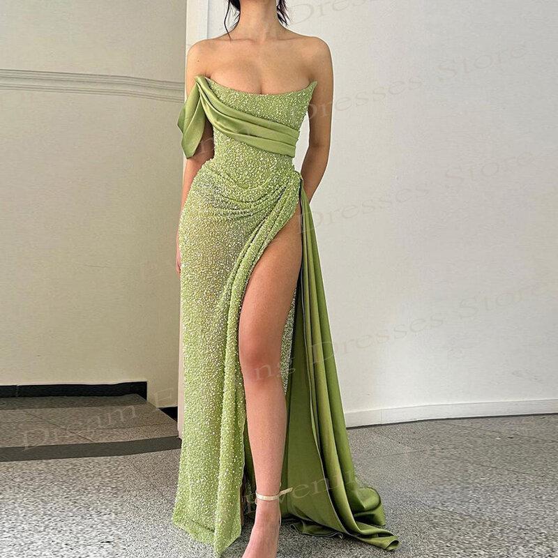 Gaun malam anggun putri duyung hijau Modern payet berkilau gaun Prom belahan tinggi seksi gaun pesta dansa satu bahu yang menawan