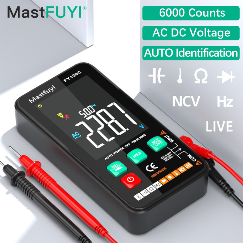MASTFUYI-Multímetro Digital Inteligente com Suporte, Tela LCD Colorida, AC/DC Tensão Tester, Ohm Diodo, NCV Freqüência Live Wire Check