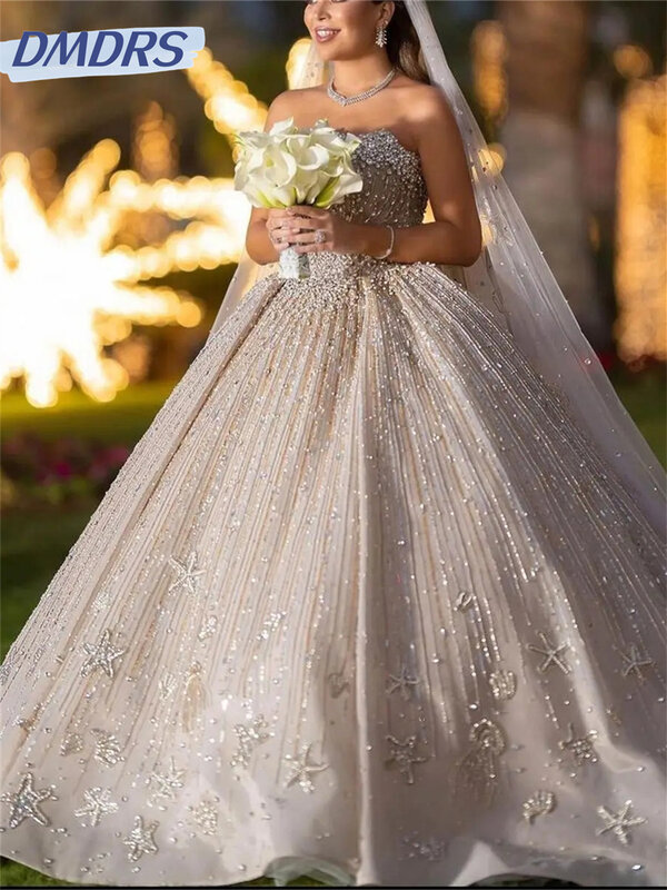 Charmante robe de mariée sans bretelles, robe de mariée en fibre élégante, robe de mariée perlée luxueuse, robe de rêve, 2024