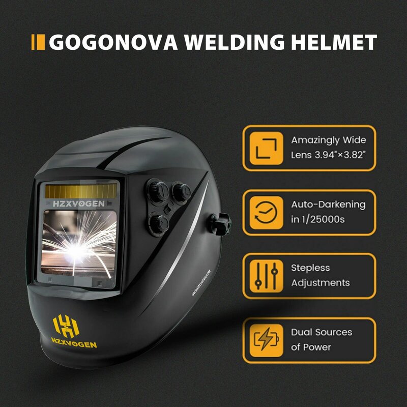 HZXVOGEN HV008 Auto Darkening Welding Helmet 100*97MM Large Viewing Welding Hood True Color Solar/Battery Powered Welder Mask