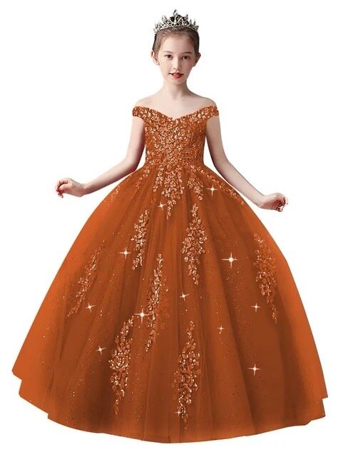 Vestido floral coral sem ombro para meninas, aplique de renda, vestido de baile princesa para crianças, festa de aniversário, vestidos de comunhão, casamentos