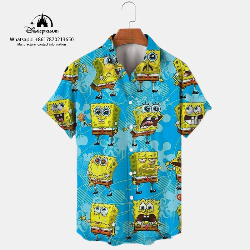 Новинка лета 2023, Повседневная рубашка в стиле Харадзюку, милая уличная рубашка с изображением Губки Боба и аниме, универсальная мужская рубашка с коротким рукавом и отложным воротником