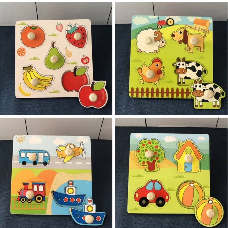 Tablero de madera 3D para niños, juguete de rompecabezas cognitivo Montessori de dibujos animados para bebés, Educación Temprana, fruta de granja