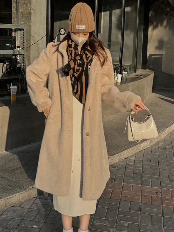 Jaket bulu imitasi tebal untuk wanita, mantel bulu imitasi panjang setengah musim dingin, jaket Mink mewah hangat, pakaian luar kualitas tinggi gaya Korea, jaket berbulu wanita