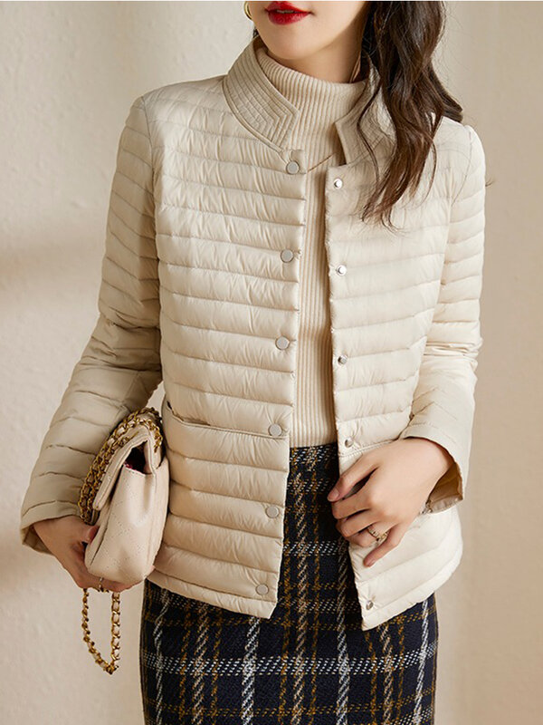 Женская модная куртка-пуховик для женщин, осенняя легкая тонкая короткая пуховая куртка с воротником-стойкой