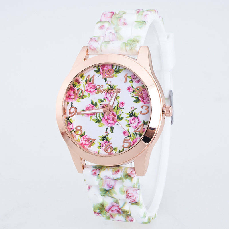 Girls Fashion New Printed Flowers Silicone Quartz Analog Casual Watches Watch Women Wristwatch