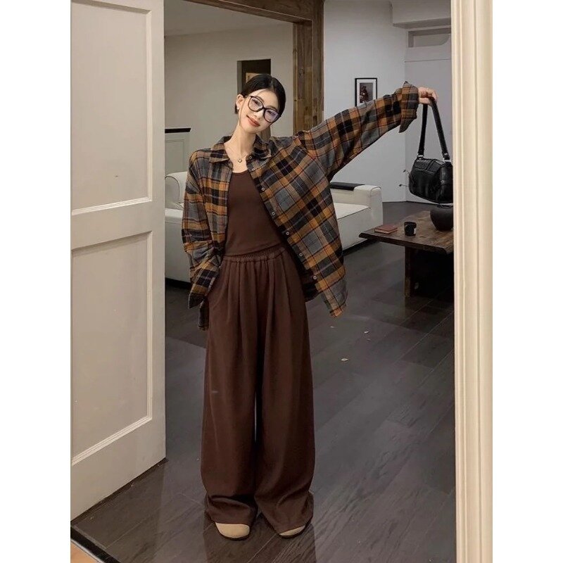 Deeptown-Blusa feminina xadrez vintage de mangas compridas, moda coreana, streetwear retrô chique básico, camisas casuais de verão, Y2k