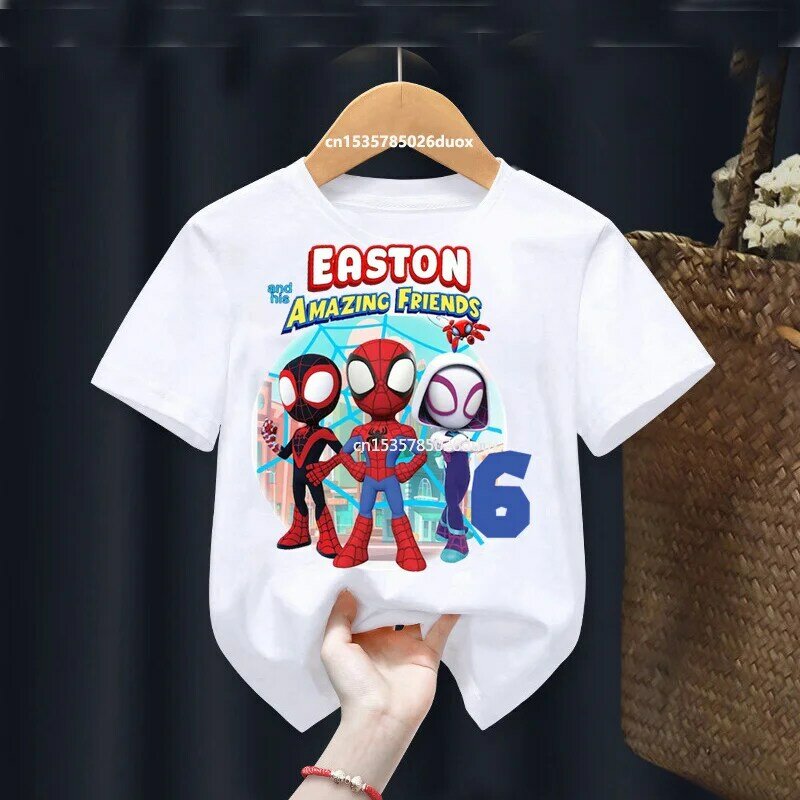 Летняя футболка с коротким рукавом спайди и его удивительные друзья на день рождения, футболка с персонализированным именем человека-паука для мальчиков на день рождения