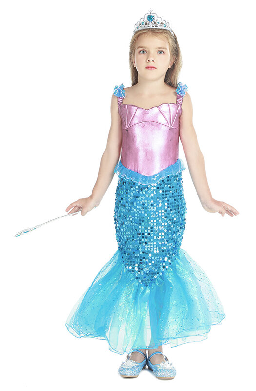 Jurebecia Little Girls Mermaid Costume Princess Dress Up Pretend Play Halloween Birthday Gift Sequins Accessories Outfit