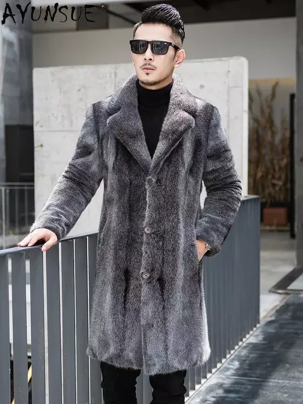 AYUNSUE-casaco de pele de vison natural para homens, jaqueta de pele real, colarinho de terno de peito único, casacos longos, qualidade superior, luxo, inverno