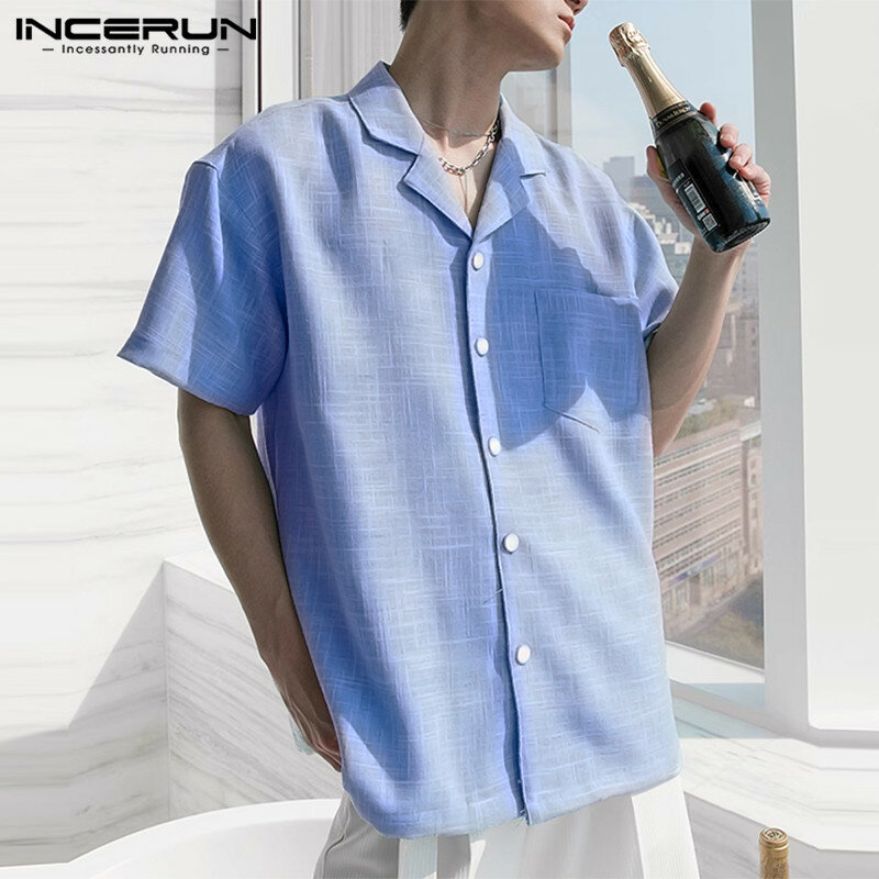 INCERUN-Camisa masculina de lapela de manga curta, monocromática, roupa casual, streetwear, estilo coreano, camisas de lazer, moda verão, S-5XL