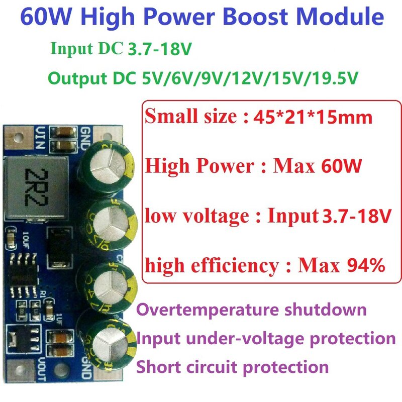 鉛蓄電池、車のシガレットライター用のステップアップブースト電源ボード、60w DC-DCコンバーター、3.7v-18v〜5v、6v、9v、12v、15v、19.5v