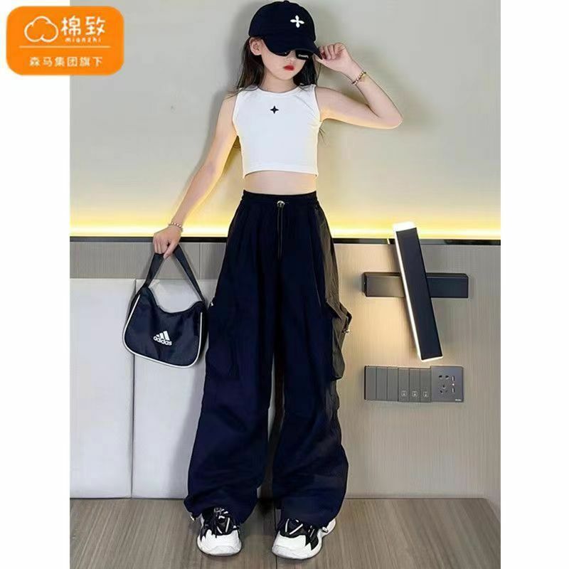 New Spring Autumn Girls Pants Fashionable Loose Fitting Style Long Can Be Elastic Waist Trousers For 4-14 Years Youngsters Girl