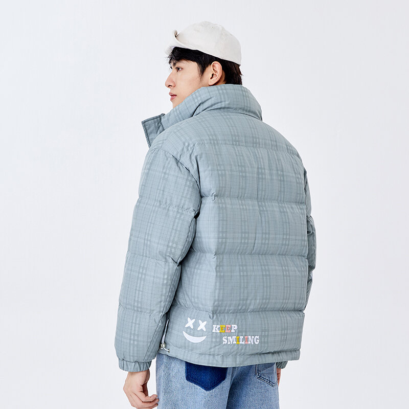 남성용 루즈한 스탠드업 칼라 브레드 재킷, 체크 무늬 레터 자수, 2023 겨울 신상 패션