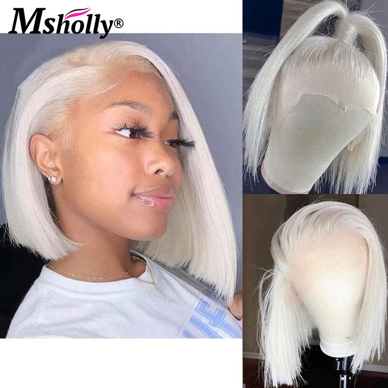 Platinum Short Bob Human Hair Wig 13x4 Lace Front Human Hair Wig White 60 Blonde Colored Straight Bob Wigs Preplucked Hairline