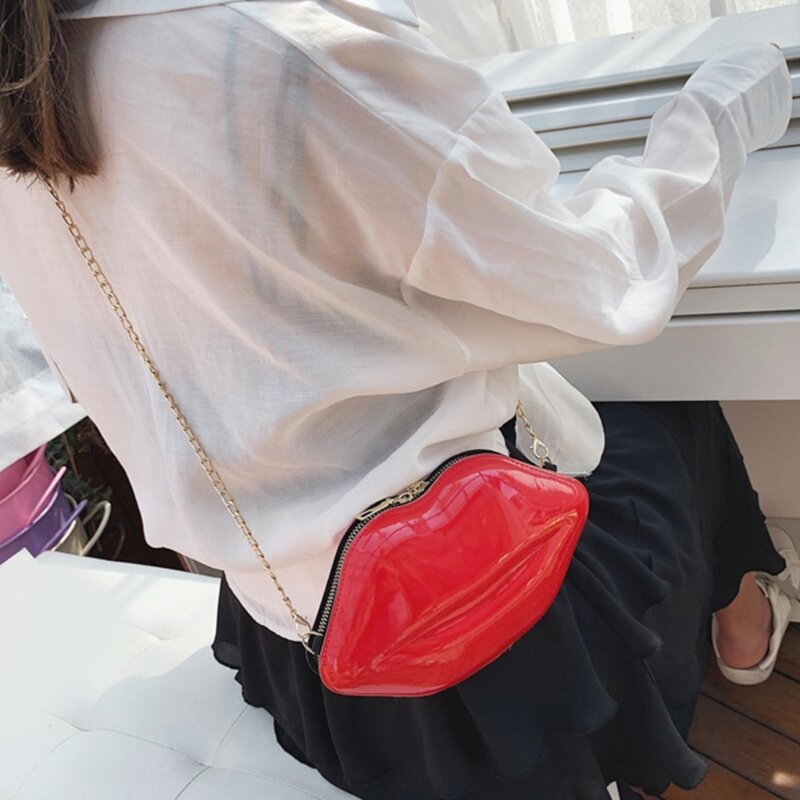 Tas Selempang Plastik Wanita dengan Tas Tangan Dompet Bahu Kecil Bentuk Bibir Rantai