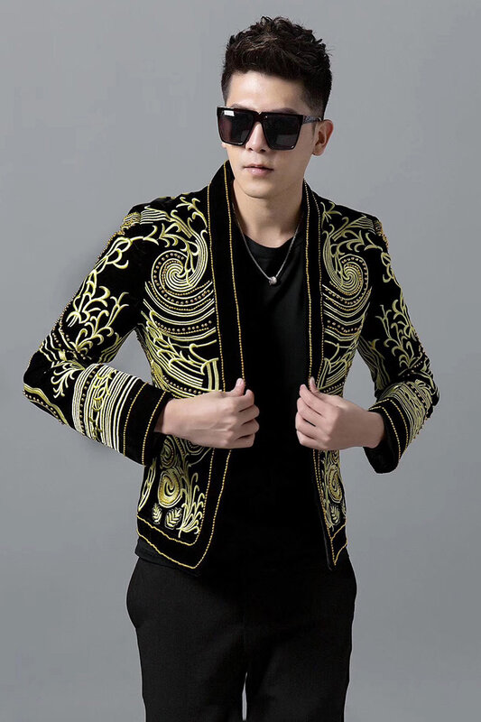 Uomo velluto con perline drago dorato vestito ricamato stile cinese pesante fatto a mano celebrità stilista giacca nera Plus Size
