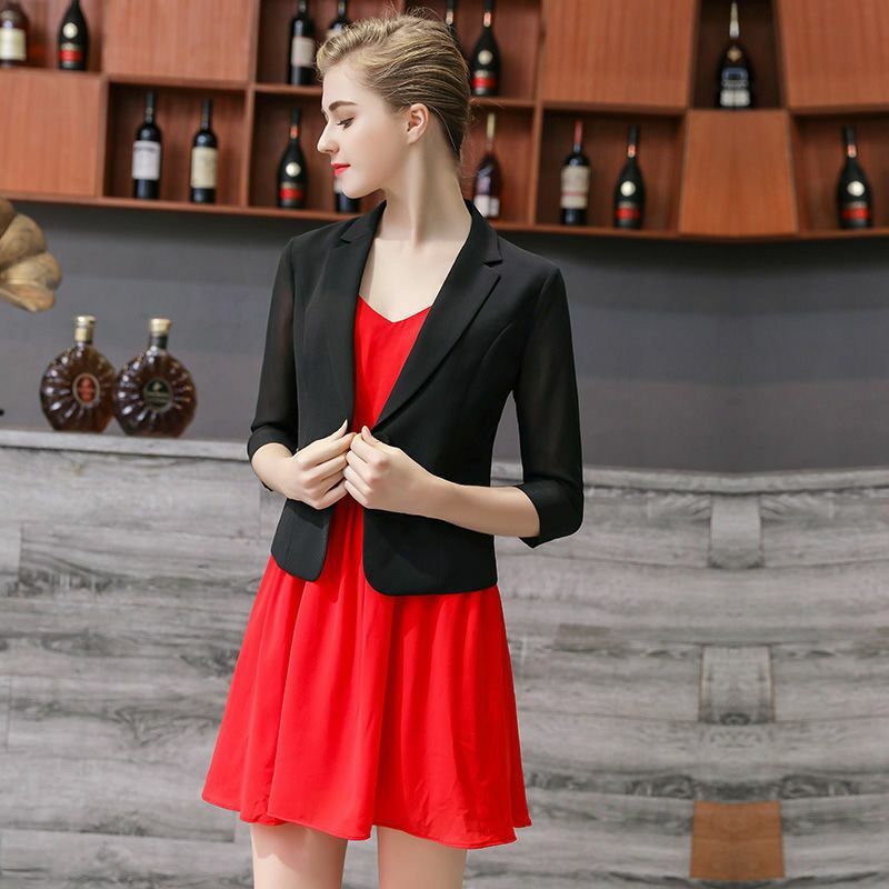 여성용 한국 슬림 패션 세트 얇은 쉬폰 짧은 싱글 단추 레이디 오피스 스몰 세트 재킷, OL 전문 세트 B14 상의