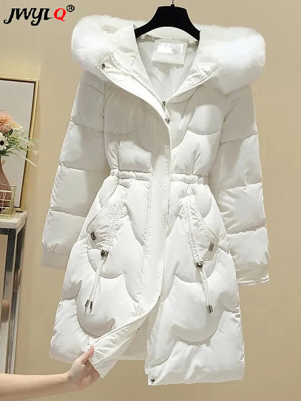 Koreanische Mode schlanke Kunst pelz Kragen Kapuze Parkas Winter Frauen kalten Mantel Taille Kordel zug gepolsterte Jacken Midi Länge Schnee Casaco