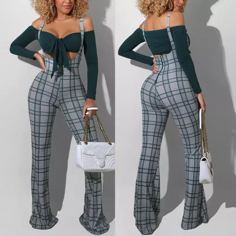 Fashion Flared Jumpsuit Autumn Women's High Waist Printed Plaid Overalls Party Club Plaid Wide Leg Suspenders Bottoms 2023 New