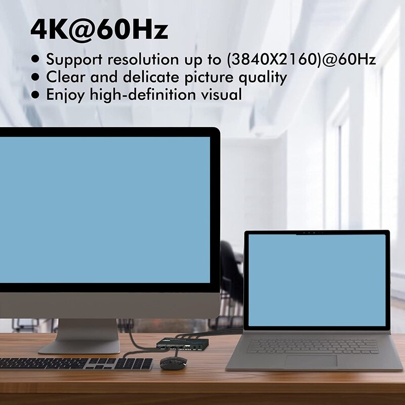 Displayport KVM 스위치, 2 개의 컴퓨터 공유 키보드 마우스 프린터 및 Ultra HD 모니터 용 4K @ 60Hz DP USB 스위처