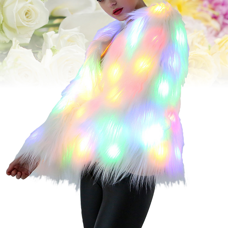 Mantel bulu LED wanita, kostum panggung, pakaian luar ruangan bercahaya, jaket bulu