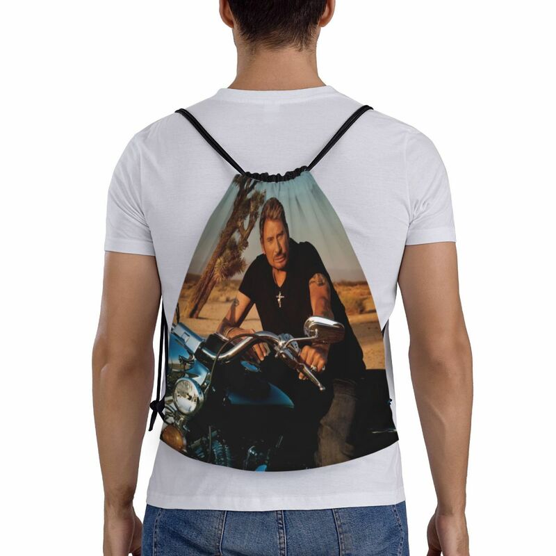 Johnny Hallyday motocyklowe torba ze sznurkiem kobiet mężczyzn przenośne sportowe Sackpack francuskie piosenkarz rockowy plecaki treningowe
