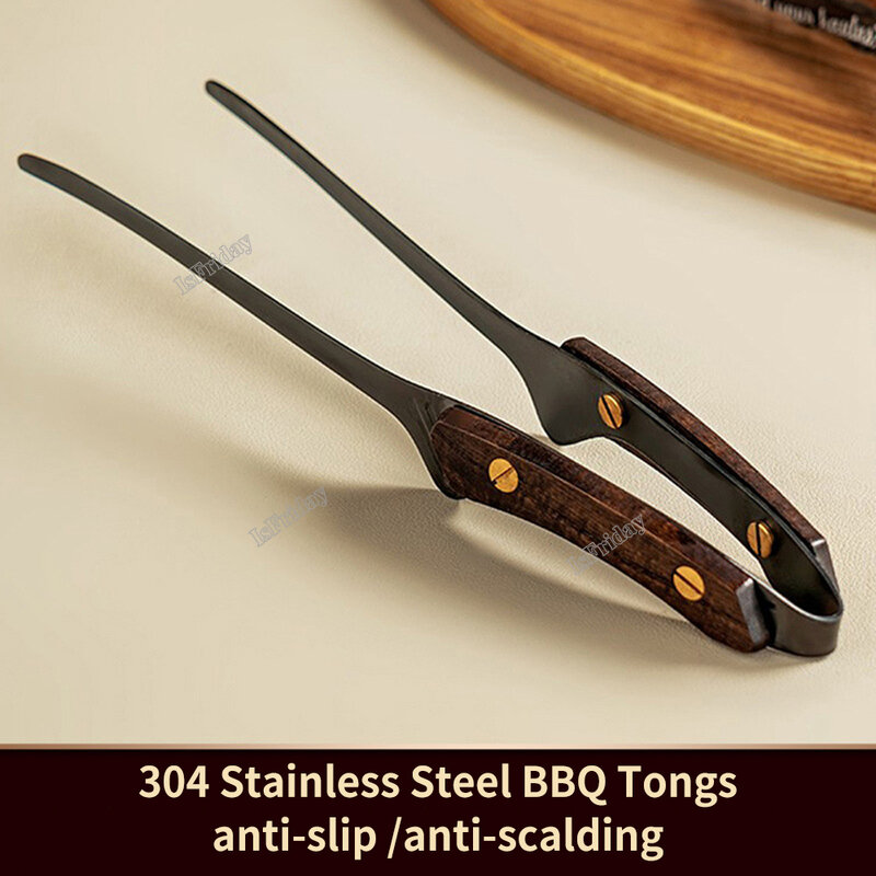 24Cm/9.4in Camping Picknick Bbq Tang 304 Roestvrijstalen Barbecue Grill Tang Clip Warmte Isolatie Houten Handvat Cook Tong