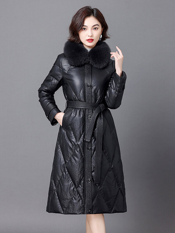 新しい女性の冬の革ダウンコート  ファッション暖かいリアルフォックスファー襟シープスキンダウンジャケット カジュアルロングアウター スプリットレザー
