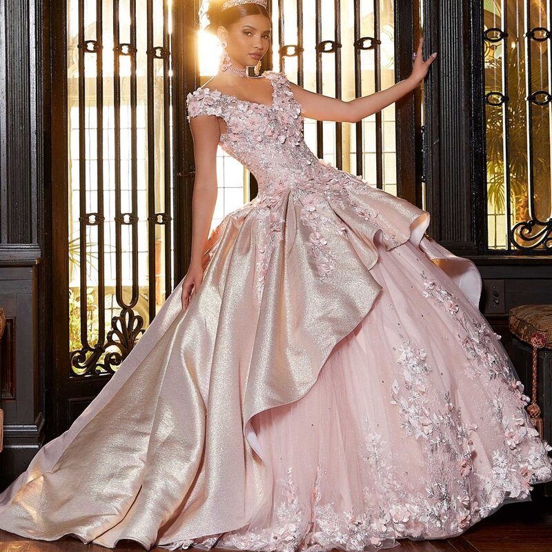 Bellissimo fiore 3D abiti Quinceanera paillettes scintillanti abito da ballo classico lungo dolce 16 anni abito da principessa vestidos de anos