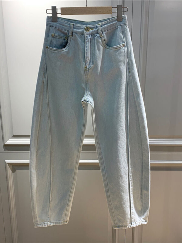 Celana Denim wanita, celana Denim wanita longgar musim panas pinggang tinggi biru muda Vintage Jeans ukuran besar kasual longgar kaki lebar celana Harem 2024 baru