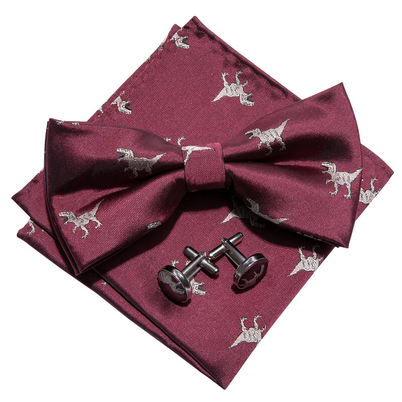Novelty Dinosaur Red Pre-Bowtie Men Set Fashion Silk Hand Made Butterfly-Tie Handkerchief Cufflinks Business Party Barry.Wang