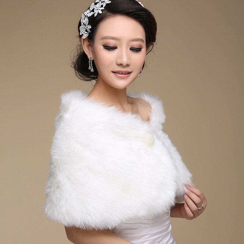 Hot Sale Fashion Elegant Accessories Warm Faux Fur Ivory Bolero Wedding Wrap Shawl Bridal Jacket Coat Accessories Pearl
