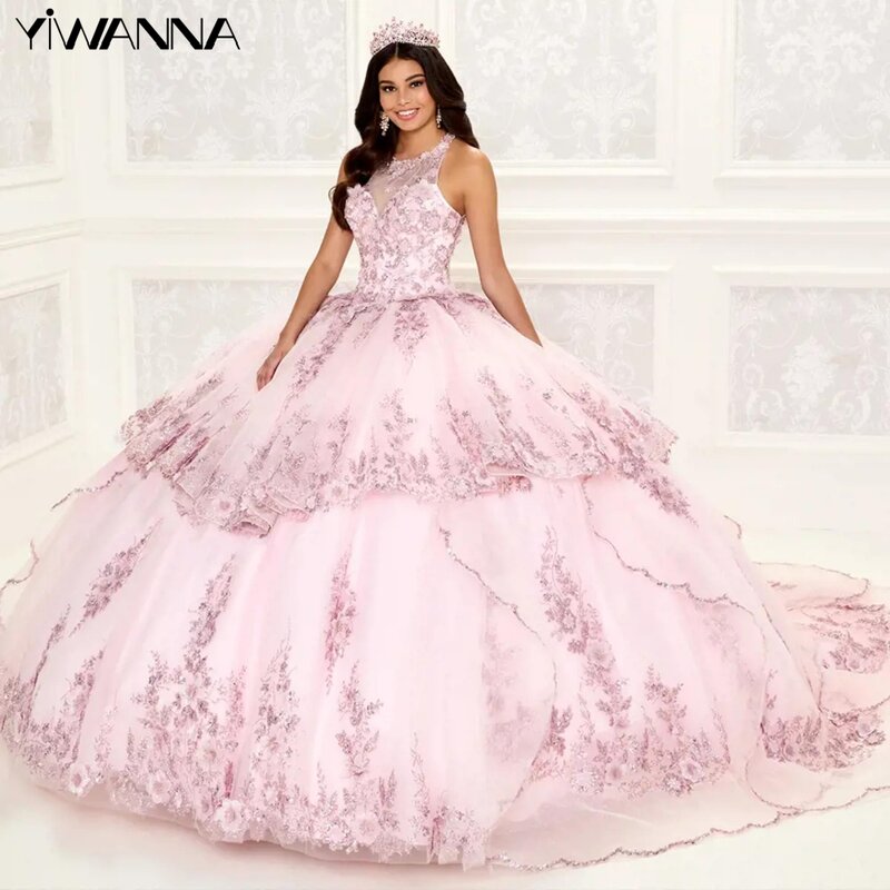 Halter Sleeveless Ball Gown Quinceanera Vintage 3D Flower Prom Dresses Sparkly Sequins Princess Long Sweet 16 Dress Vestidos