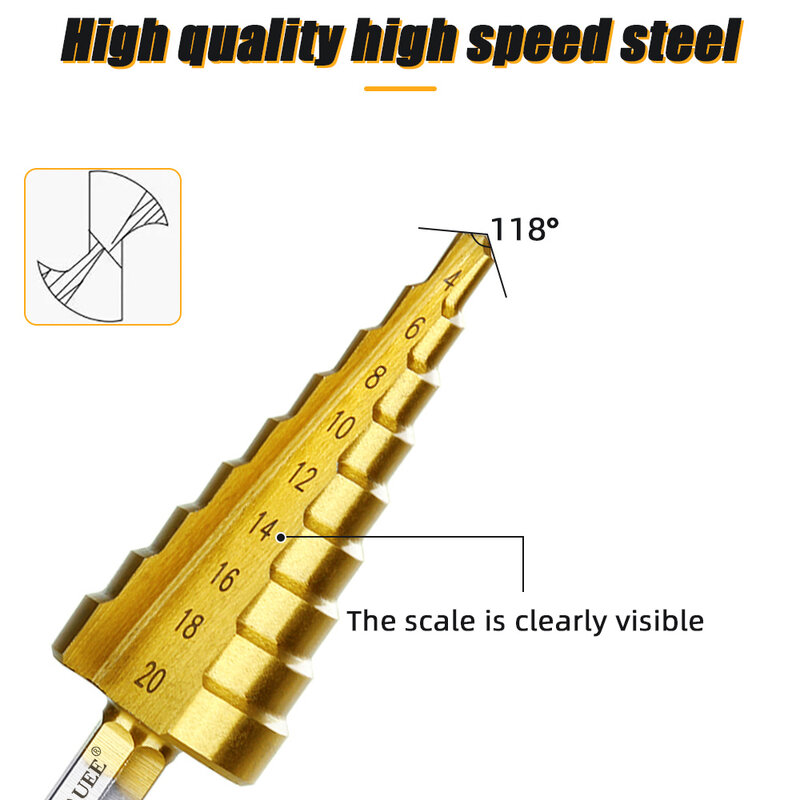 Oauee-HSS Straight Groove Step Drill Bit, revestido em titânio, madeira, Metal Hole Cutter, Core Drilling Tools Set, 3-12mm, 4-12mm, 4-20mm