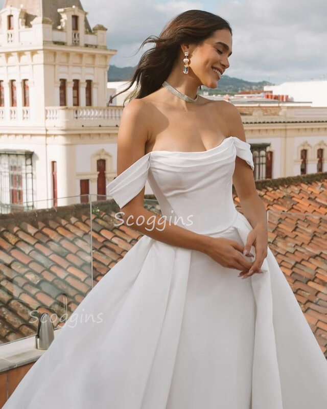Gaun pernikahan taman, acara Formal kerah Off-The-Shoulder Vestidos Para Eventos utama gaun pernikahan panjang lantai putih