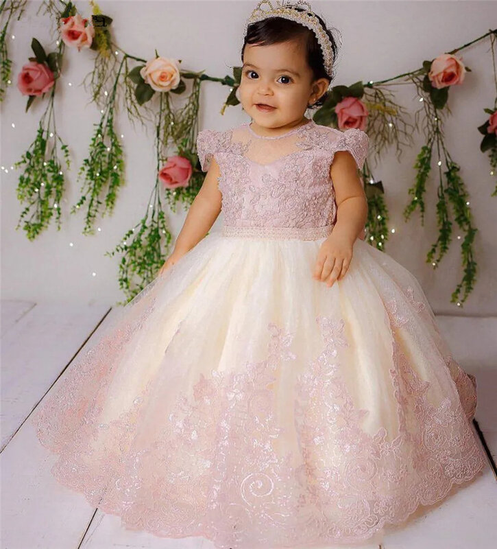 Pink Applique Cap Sleeve Tulle Pearls Flower Girl Dress For Wedding Baby Toddler Cute Birthday Party First Communion Ball Gowns