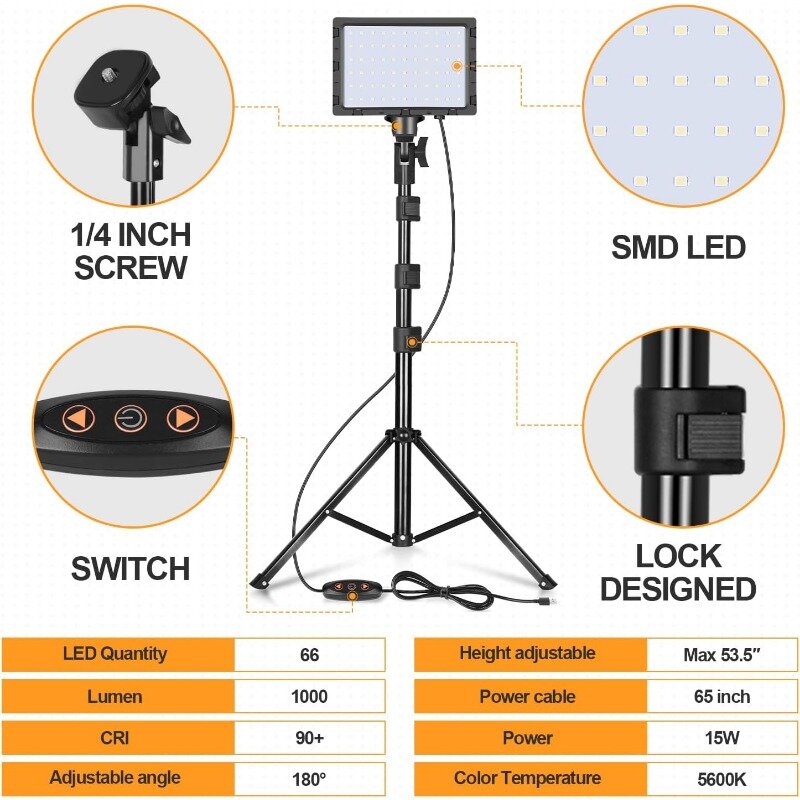 Luz de relleno regulable 5600k y Color con soporte ajustable de 51 pulgadas, iluminación de vídeo y fotografía para Streaming y filmación
