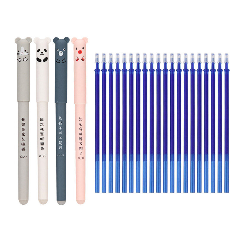 귀여운 돼지 곰 고양이 지워지는 젤 펜 리필 막대, 물 세탁 가능 손잡이, 학교 사무용품 선물, 블루 블랙 잉크, 0.35mm, 4 + 20 개 세트