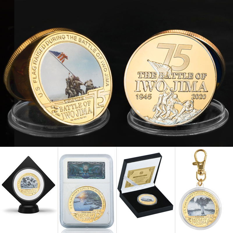 Battle of Iwo Jima-monedas conmemorativas chapadas en oro WarII, monedas de desafío del ejército militar de EE. UU. Vs Japón, regalo de recuerdo para colección