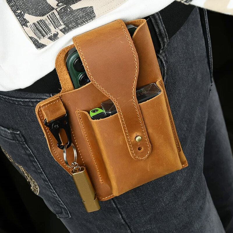 AIGUONIU-Bolsa de cintura de couro genuíno para homens, pequeno pacote casual, presilhas, bolsa hip hop, bolsa de telefone unissex, cavalo louco