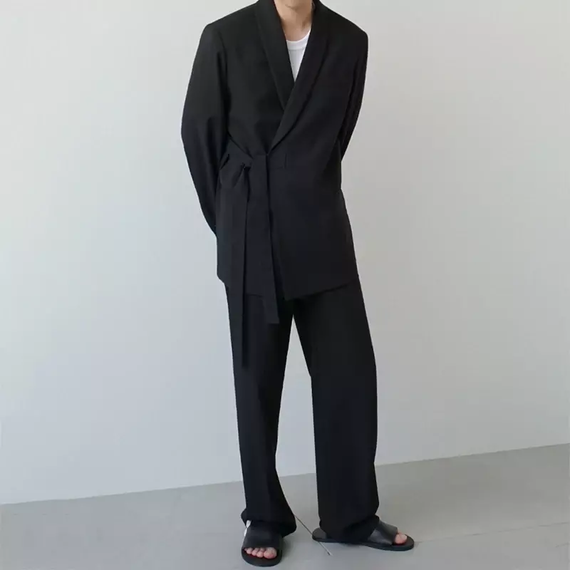 Chaqueta de traje de algodón para hombre, Blazer informal holgado con cinturón, color caqui, tendencia coreana, Otoño, novedad de 2023