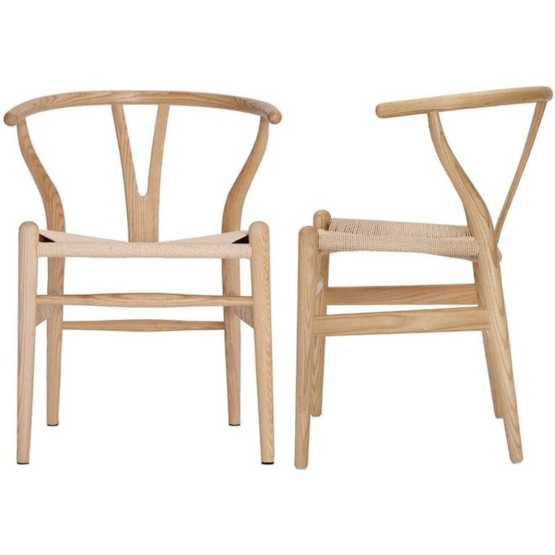 Juego de 2 sillas Wishbone de madera maciza Y, asiento de comedor con reposabrazos de mediados de siglo, asiento de cáñamo (madera de fresno-Natural)