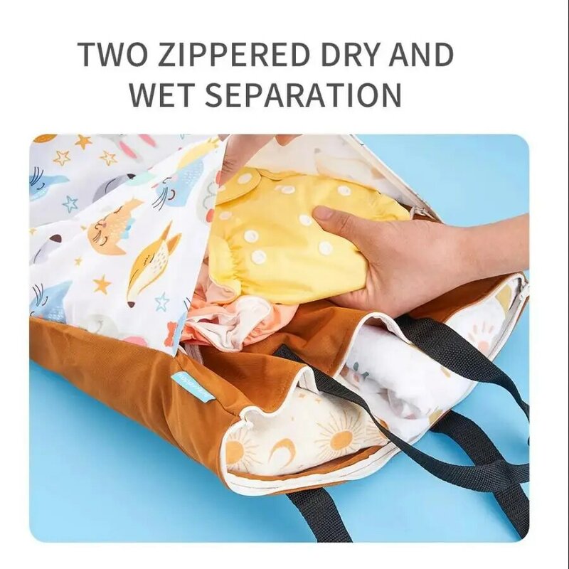 Happyflute-Bolsa de pañales de tela seca y húmeda colgante reutilizable con bolsillos dobles con cremallera, 40x70cm