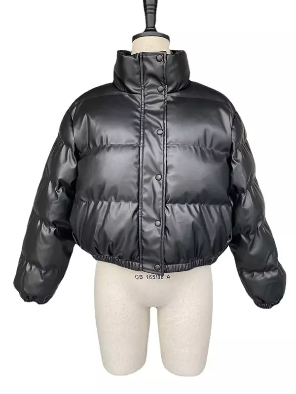 女性用の黒いPUレザーコート,ジッパー付きの短い厚い綿のジャケット,女性のファッション,冬